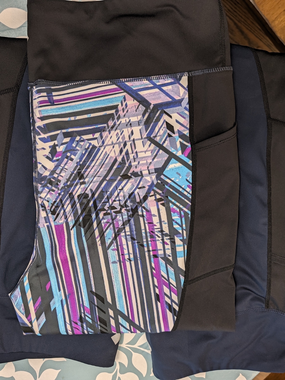 LuLaRoe Rise Leggings with Blue, Purple and Pink Geometric Panel